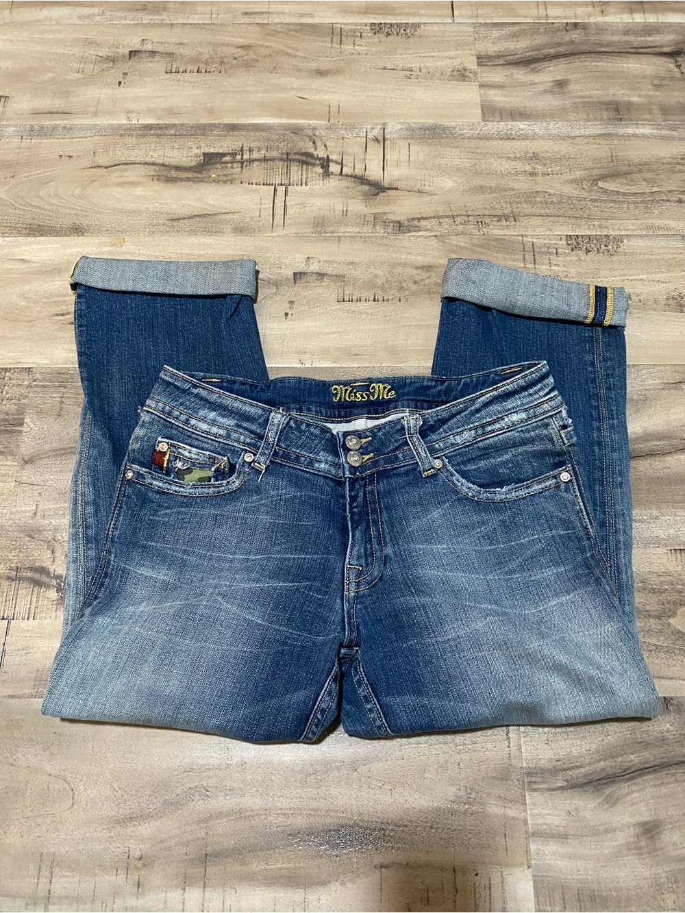 Miss Me Blue Washed Capri Jeans with Cuffed Hem